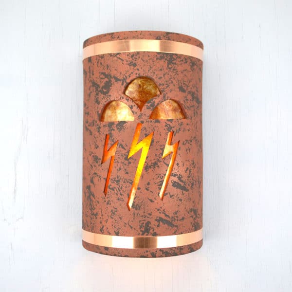 14" Wall Light-Storm Cloud-Closed Top (Dark Sky) Half Round-Copper Brick-Copper Bands-Amber Mica-Indoor-Outdoor