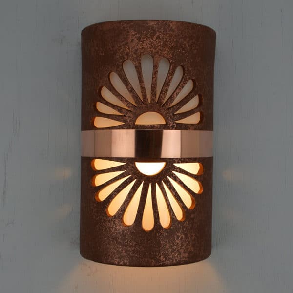 14" Wall Light-Double Fan-Open Top Half Round-Rust Mica-Middle Raw Copper Band-Indoor-Outdoor - Image 2