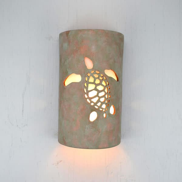 14" Wall Light-Ocean Turtle (Left Facing)-Open Top Half Round-Oak Moss-Indoor-Outdoor