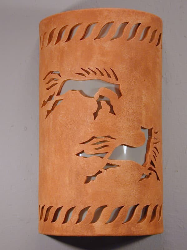 14" Wall Light-Wild Horses w/Rope Border-Open Top Half Round-Clay Wash-Indoor-Outdoor