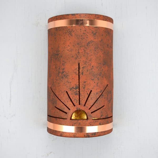 18" Wall Light-Sunrise-Closed Top (Dark Sky) Half Round-Copper Brick-Raw Copper Bands-Amber Mica-Indoor-Outdoor