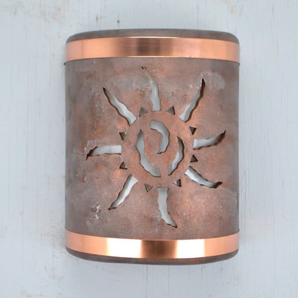 9" Wall Light-Ancient Sun-Open Top Half Round-Copper Wash-Raw Copper Bands-Indoor-Outdoor