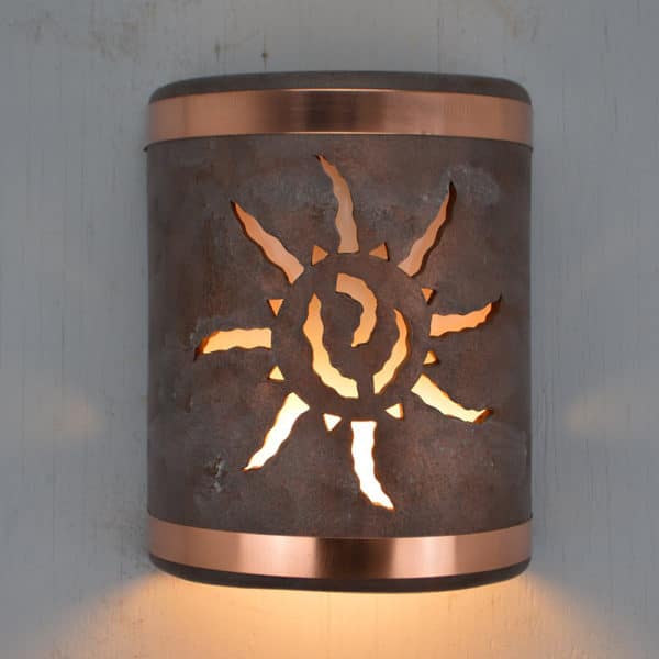 9" Wall Light-Ancient Sun-Open Top Half Round-Copper Wash-Raw Copper Bands-Indoor-Outdoor - Image 2