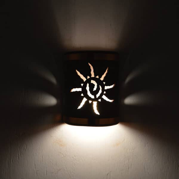 9" Wall Light-Ancient Sun-Open Top Half Round-Copper Wash-Raw Copper Bands-Indoor-Outdoor - Image 3
