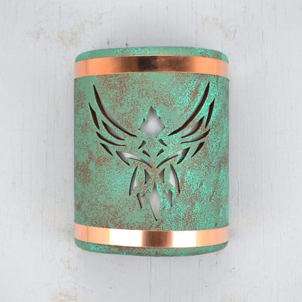 9" Wall Light-Phoenix-Open Top Half Round-Raw Turquoise- Raw Copper Bands-Indoor-Outdoor-