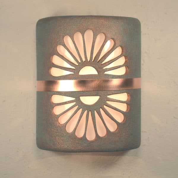 9" Wall Light-Double Fan w/Middle Brushed and Sealed Copper Band-Open Top Half Round-Copper Patina-Indoor-Outdoor