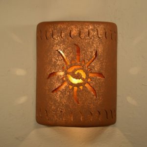 9” Open Top - Ancient Sun Design w/Wind Border Design and Amber Mica Lens, in Rust Mica color - Indoor/Outdoor