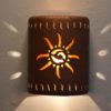 9” Open Top - Ancient Sun Design w/Wind Border Design and Amber Mica Lens, in Rust Mica color - Indoor/Outdoor