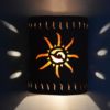 9” Open Top - Ancient Sun Design w/Wind Border Design and Amber Mica Lens, in Rust Mica color - Indoor/Outdoor