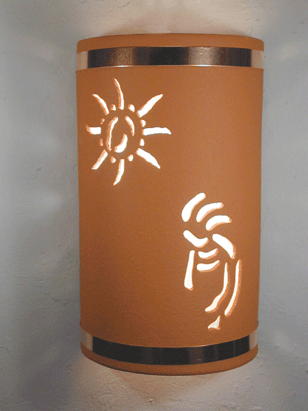 14" Open Top - Kokopelli w/Ancient Sun Designs & Copper Metal Bands, in Terracotta color - Indoor/Outdoor