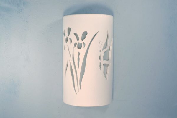 Closed Top-Dark Sky-Butterfly-Iris-Flower-Wall Sconce-White-Custom-Handcrafted-Porch-Indoor-Outdoor