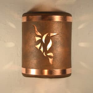 9" Wall Light-Hummingbird-Open Top Half Round-Antique Copper-Raw Copper Bands-Silver Mica Lens-Indoor-Outdoor