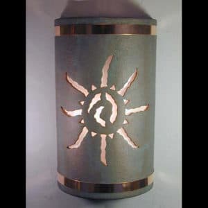 18" Wall Light-Ancient Sun-Open Top Half Round-Copper Patina-Raw Copper Bands-Indoor-Outdoor