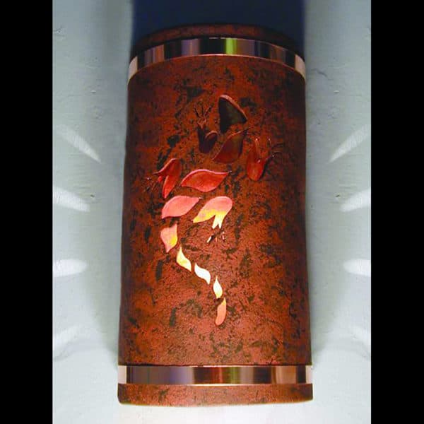 14" Wall Light-Lizard-Open Top Half Round-Copper Brick- Raw Copper Bands--Amber Mica Lens-Indoor-Outdoor