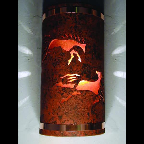 14" Wall Light-Wild Horses-Open Top Half Round-Copper Bands-Copper Brick-Amber Mica-Indoor-Outdoor - Image 2