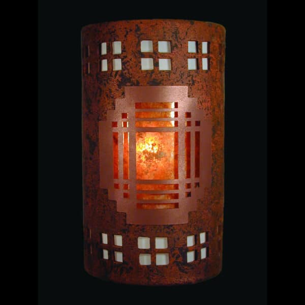 14" Wall Light-Mission Copper Cover w/Windows Borders-Closed Top (Dark Sky) Half Round-Amber Mica Lens-Copper Brick-Indoor-Outdoor - Image 2