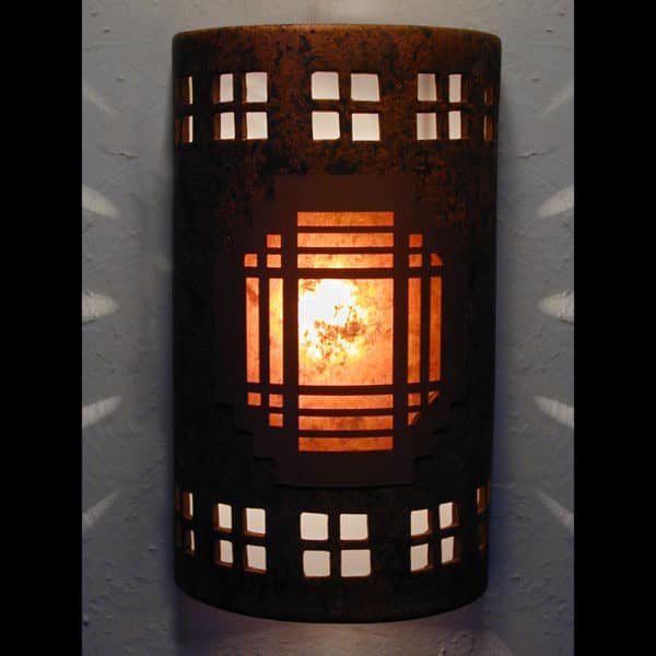 14" Wall Light-Mission Copper Cover w/Windows Borders-Closed Top (Dark Sky) Half Round-Amber Mica Lens-Copper Brick-Indoor-Outdoor - Image 3
