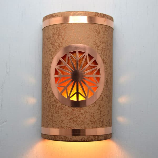 14" Wall Light-Dreamcatcher Copper Cover-Open Top Half Round-Brown Mica-Copper Bands-Amber Mica-Indoor-Outdoor - Image 2