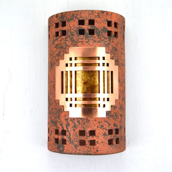 14" Wall Light-Mission Copper Cover-Windows Border-Open Top Half Round-Copper Brick-Amber Mica Lens-Indoor-Outdoor