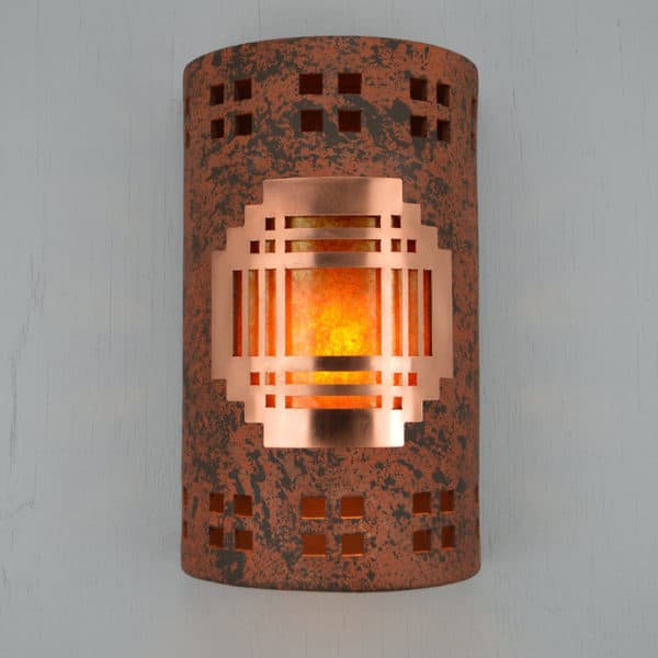 14" Wall Light-Mission Copper Cover-Windows Border-Open Top Half Round-Copper Brick-Amber Mica Lens-Indoor-Outdoor - Image 2