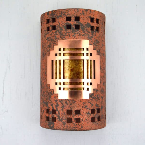 14" Wall Light-Mission Copper Cover w/Windows Borders-Closed Top (Dark Sky) Half Round-Amber Mica Lens-Copper Brick-Indoor-Outdoor