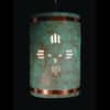 16″ Hanging Pendant-Sunface (3 pt) (x2) w/Aztec (x2)-Raw Turquoise-Raw Copper Bands-Black Cord-Indoor-