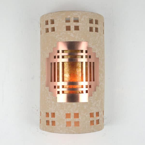 14" Wall Light-Mission Copper Cover-Windows Borders-Closed Top (Dark Sky) Half Round-Silver Mica Lens-Tan Tone-Indoor-Outdoor