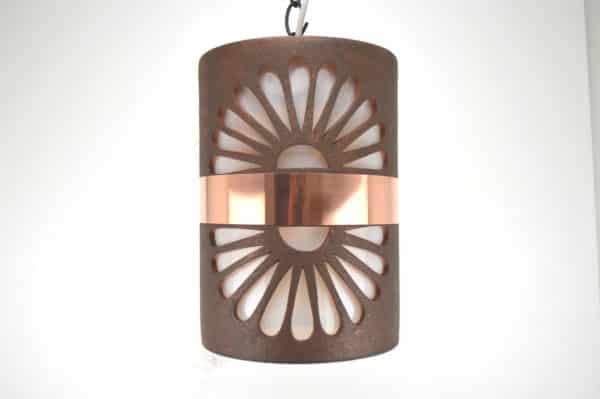 12" Pendant Light-Double Fan-Middle Copper Band-Antique Copper-Black Hardware-Interior-Exterior