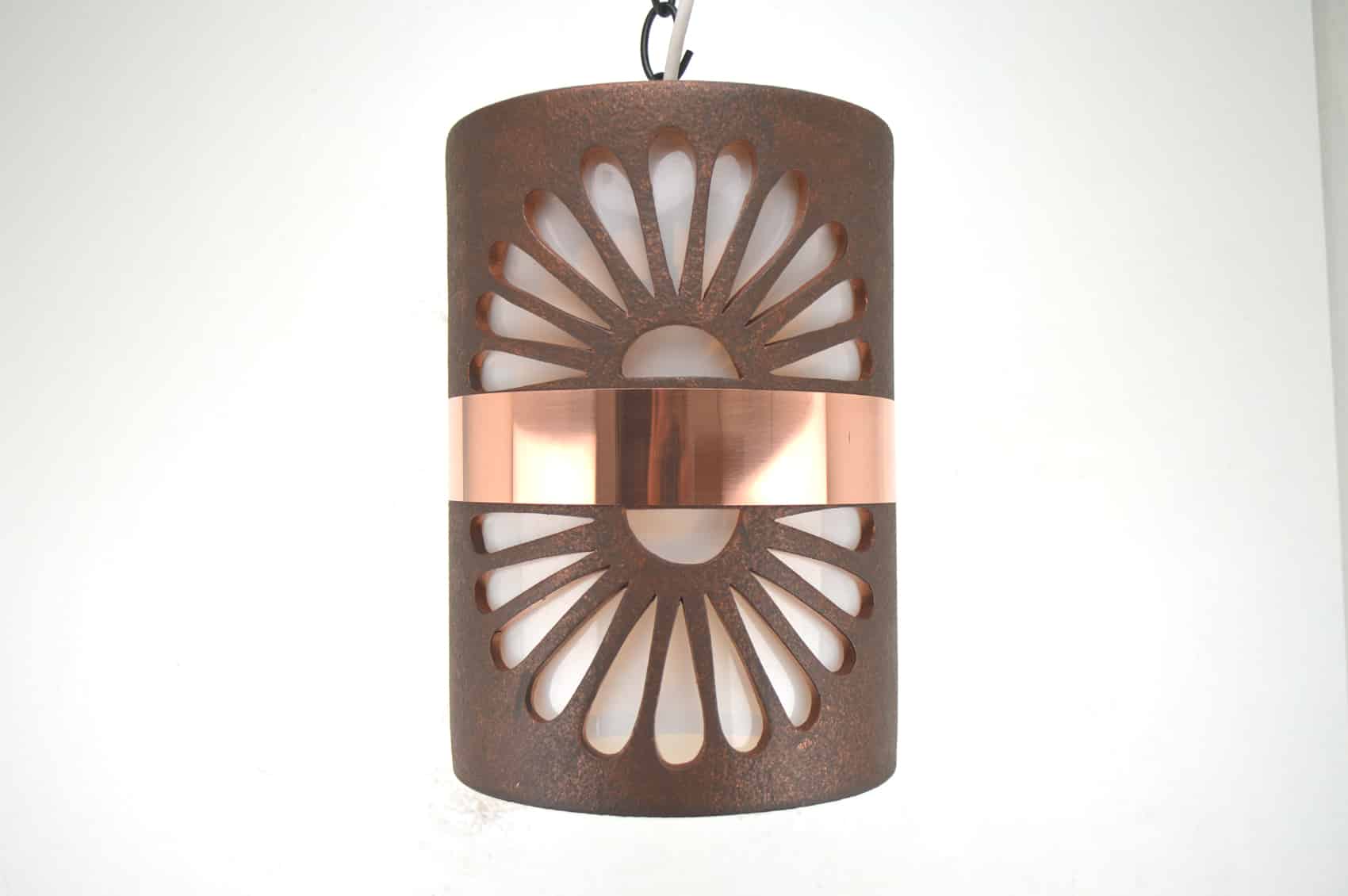 12" Pendant Light-Double Fan-Middle Copper Band-Antique Copper-Black Hardware-Interior-Exterior