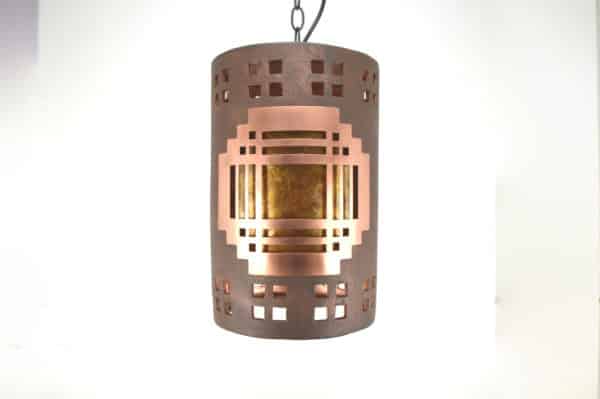 Mission Copper Cover 12' Pendant Amber Mica Lens, Windows top and bottom border design-Black cord and ceiling cap-Interior-Exterior-150 838 O18 665 91AM-
