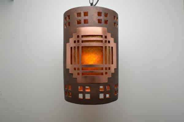 12" Pendant light Mission Copper Cover-Amber Mica-Windows Top and Bottom Border-Black Hardware-Interior-Exterior - Image 2