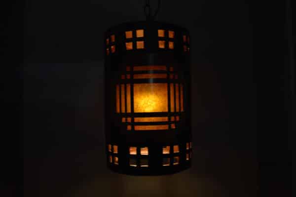 12" Pendant light Mission Copper Cover-Amber Mica-Windows Top and Bottom Border-Black Hardware-Interior-Exterior - Image 3