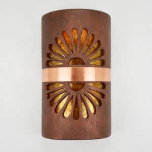 14" Wall Light-Double Fan-Open Top Half Round- Middle Raw Copper Band-Brown Mica-Amber Mica-Indoor-Outdoor