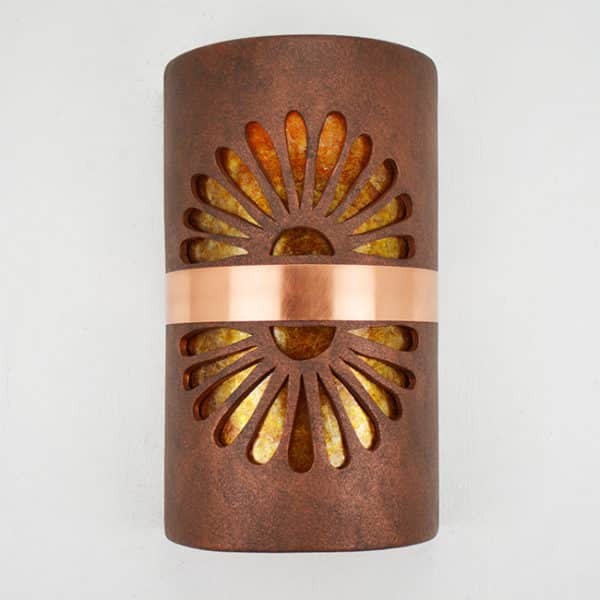 14" Wall Light-Double Fan-Open Top Half Round- Middle Raw Copper Band-Brown Mica-Amber Mica-Indoor-Outdoor