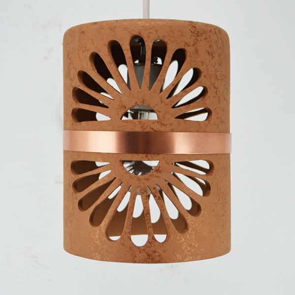 12" Pendant Light-Double Fan-Middle Copper Band-Brown Mica-White Hardware-Interior-Exterior