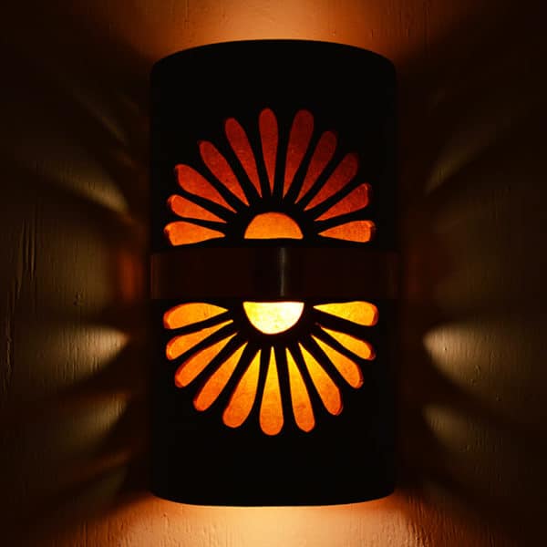 14" Wall Light-Double Fan-Open Top Half Round- Middle Raw Copper Band-Brown Mica-Amber Mica-Indoor-Outdoor-Night