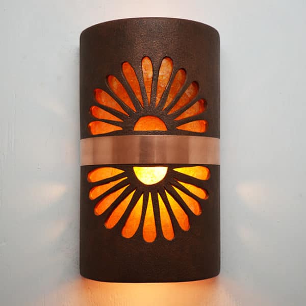 14" Wall Light-Double Fan-Open Top Half Round- Middle Raw Copper Band-Brown Mica-Amber Mica-Indoor-Outdoor-Lit